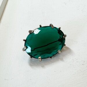 Big and Bold Gold Silver Tone Vintage Green Glass Rhinestone Brooch